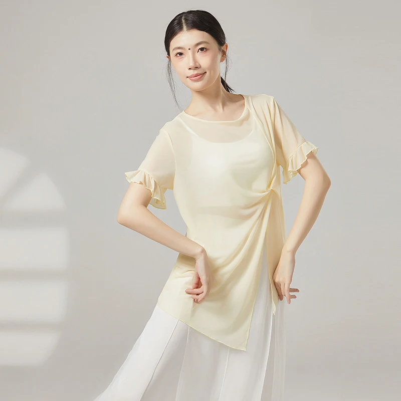 Classical Dance Gauze Tops Women Short Sleeve Sheer Shirts See Through Irregular Blouse Twist Knot Waist Yoga Training Clothes