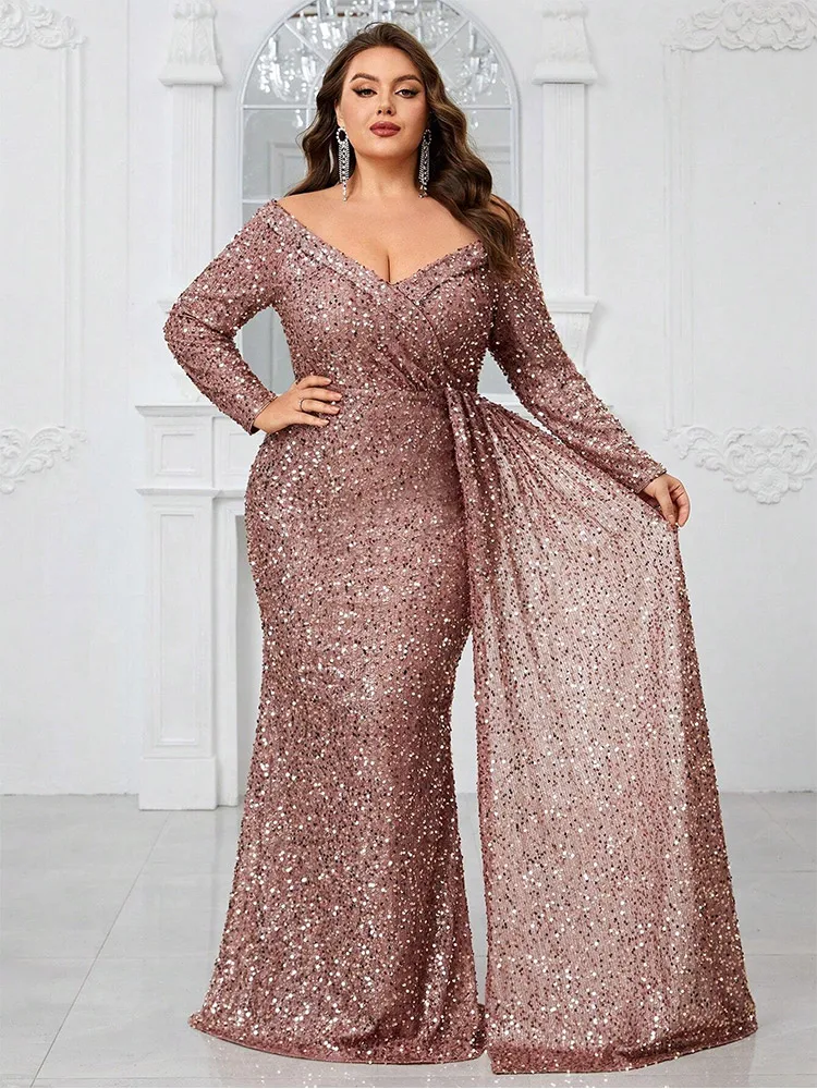 S-7xl Apricot Pink Sequined Off-Shoulder Floor-Length Evening Dress Plus Size Wedding Banquet Sequined Evening Dress For Women