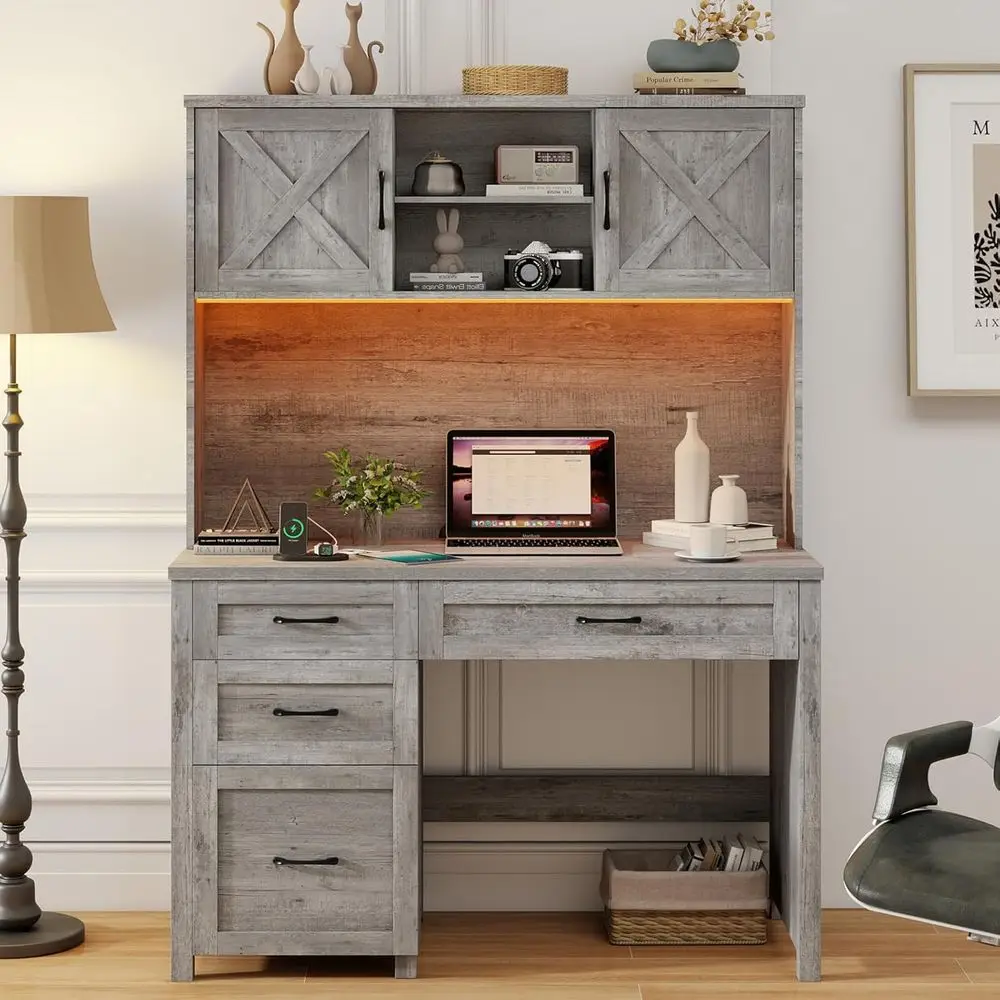 

Executive 67 High Desk with Hutch, Drawers, LED Lighting, Storage Cabinet, and Charging Station for Home Office and Study