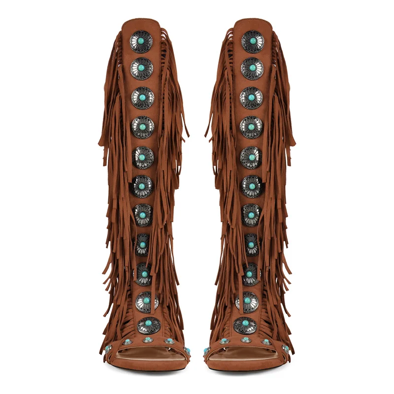 

Onlymaker Women Open Toe Tassels Jewel Flat Sandals Lace UP Big Size Fashion Luxury Fringe Sandals