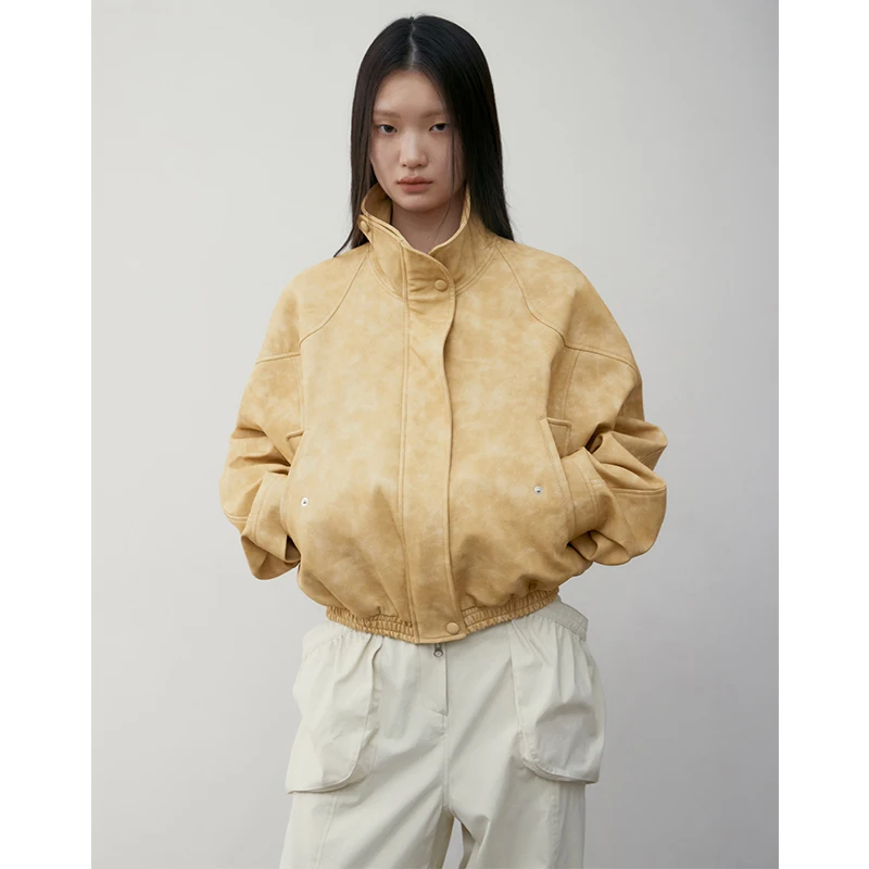 Bas Cla * pur Original femmes ort Jaet col montant adient couleur conception haut de gamme sensation manteau en cuir trajet Sle