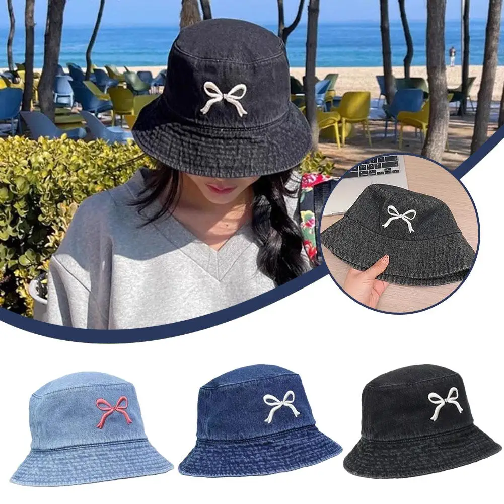 

Washed Denim Bucket Hat Korean Popular For Women Sweet Bow Embroidered Wide Brim Foldable Fisherman Cap Outdoor Visors Basi B0C9