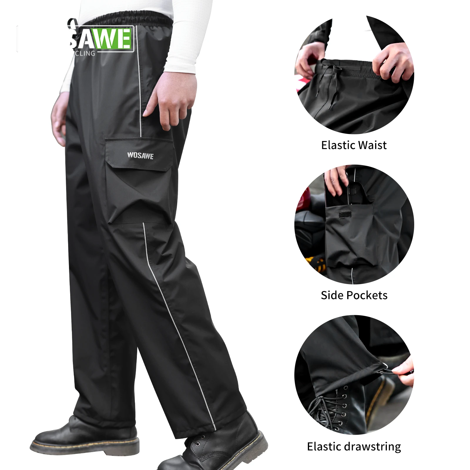 WOSAWE Men's Women's Waterproof Rain Pants Windproof Hiking Pant Fishing Motorcycle Outdoor Rain Gear Reflective Strips S-3XL