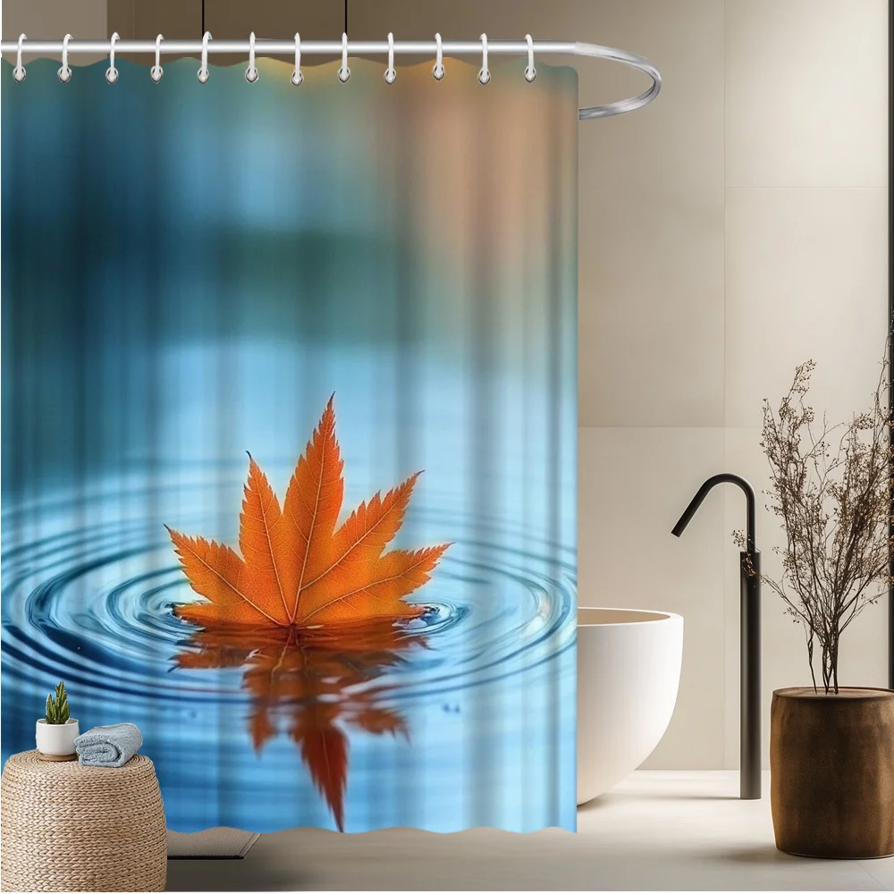 Maple Leaf Shower Curtain, Calm Water Ripple & Vibrant Orange Design, Anti-Fade Polyester, Machine Washable