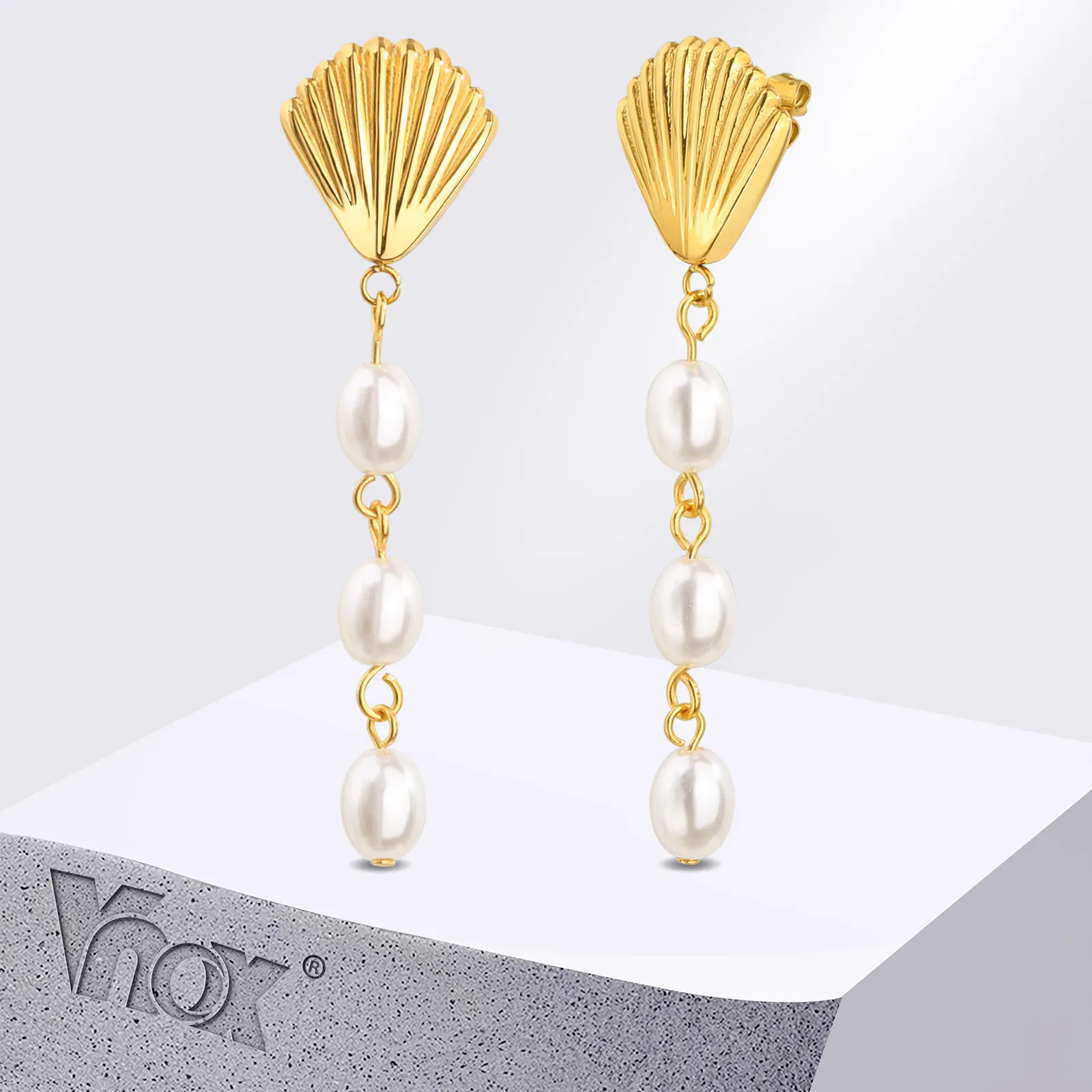 Vnox Vintage Women Immitation Pearl Drop Earrings,Gold Plated Stainless Steel Shell Dangle Earring,Elegant Party Wedding Jewelry