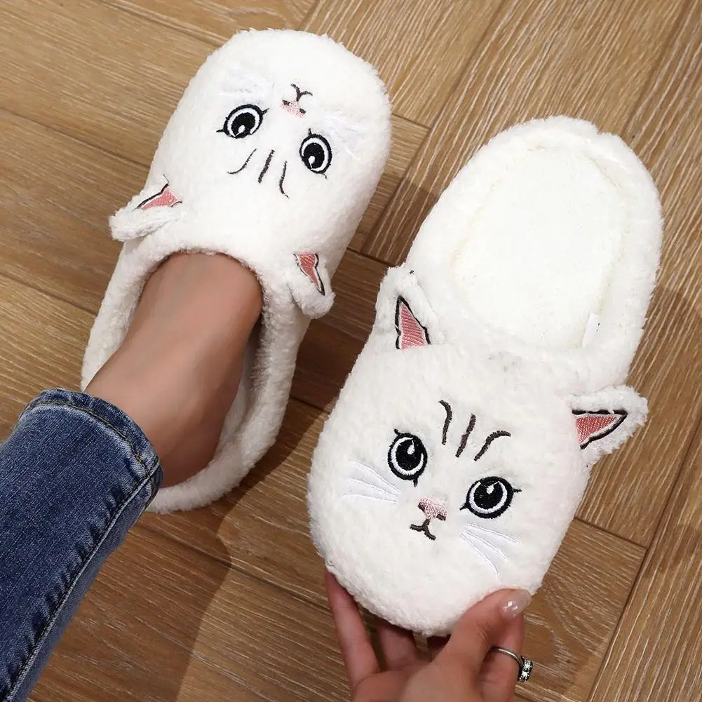 Cute Cat Design Plush Ladies Slippers Autumn And Winter Indoor Floor Non-Slip Soft Bottom Comfortable Warm Home Shoes For Unisex
