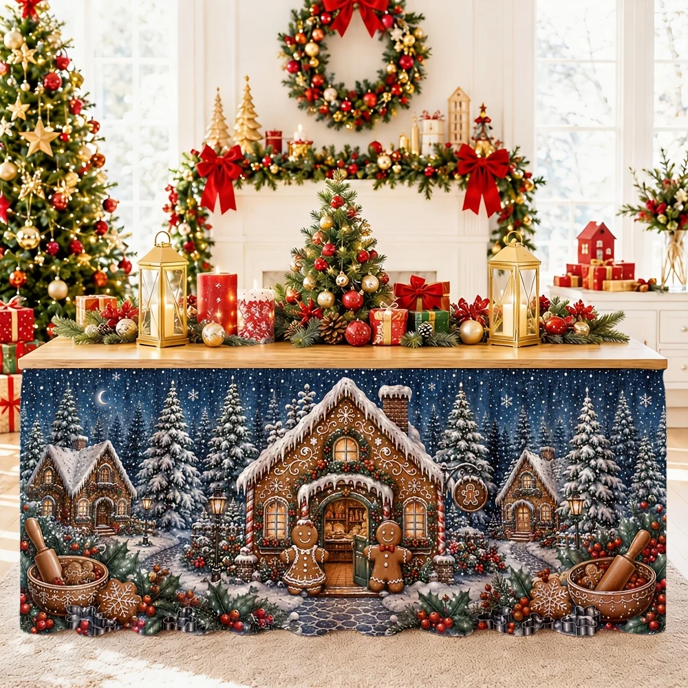 Send a tablecloth table skirt 1 piece, Christmas gingerbread house, winter village, cedar tree, red berries, warm lights