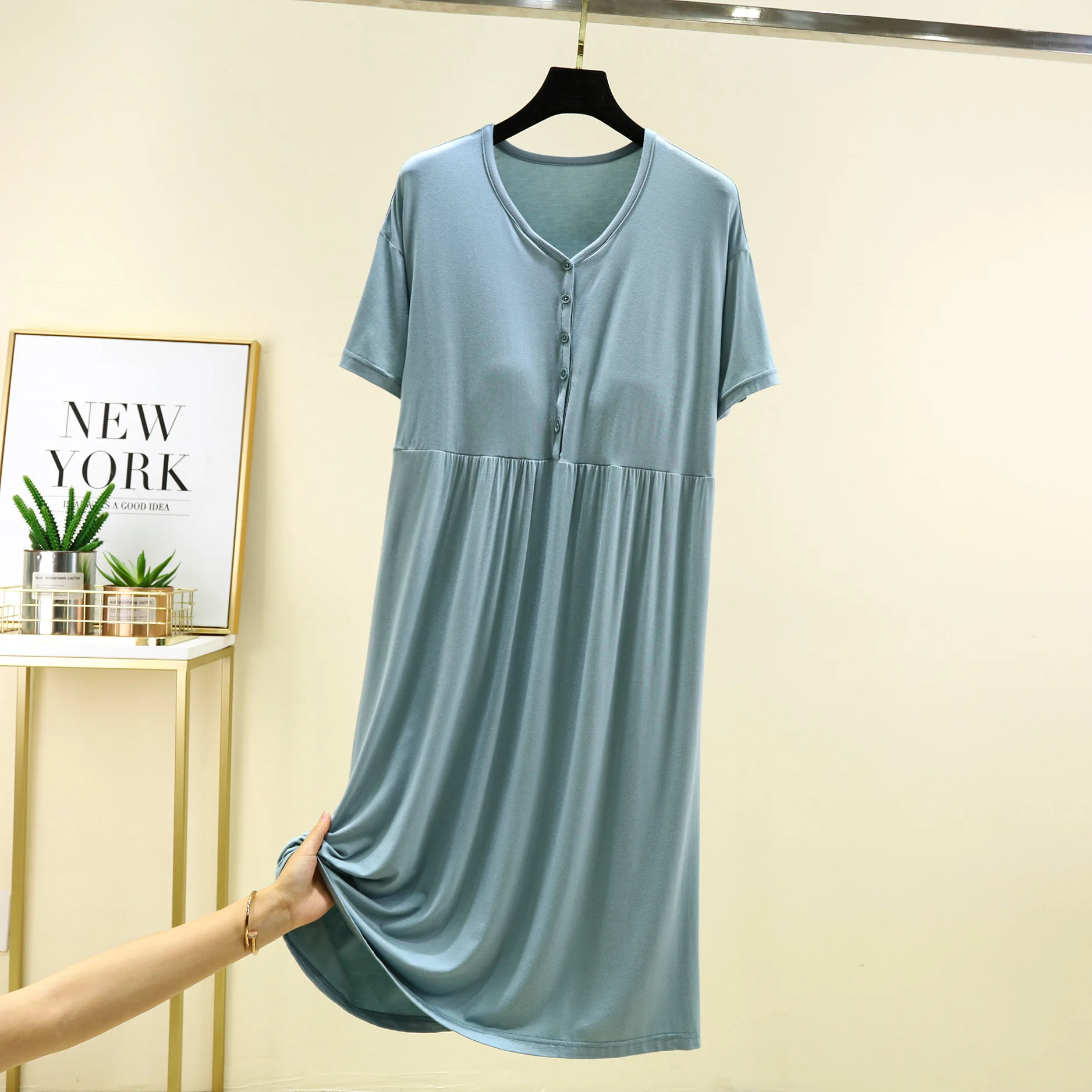 Chest Pad Pajamas For Women Summer Thin Short Sleeve Sleepwear Buttons Nightgowns Soft Solid Colour Nightdress Home Dress