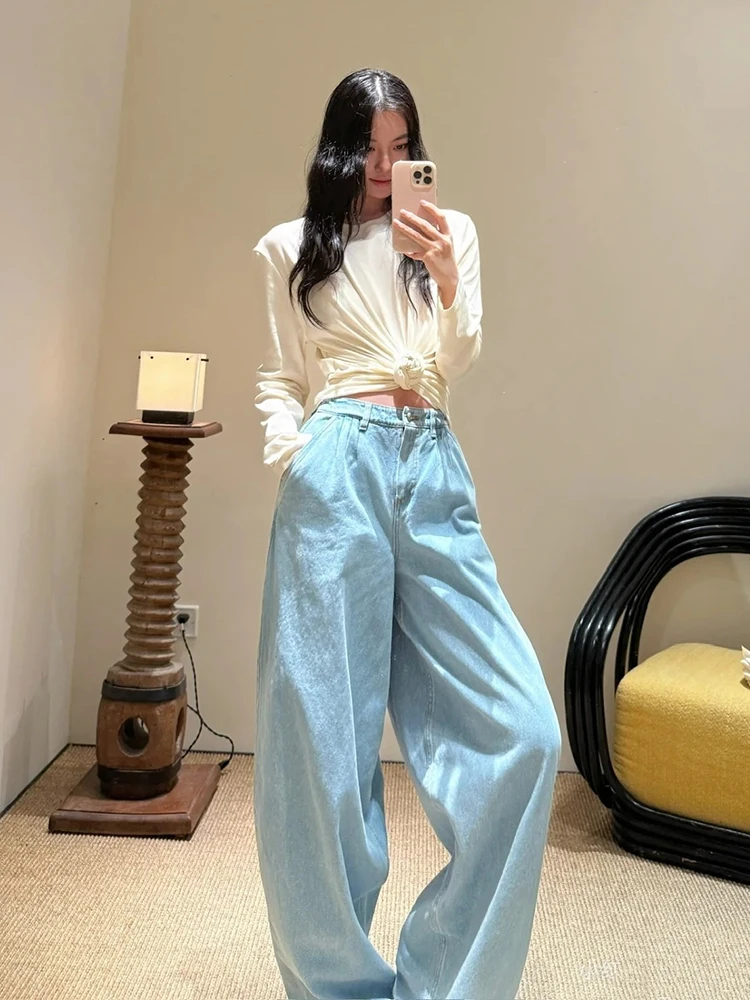 Waist-twisting long-sleeved base shirt for women, round neck, fitted with pleats and elastic, stylish and slimming T-shirt