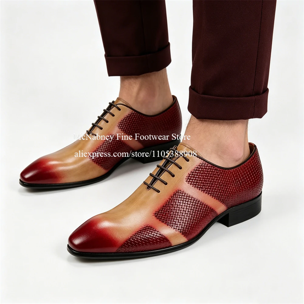 

Gradient Red Beige Leather Men Wholecut Oxford Shoes Luxury Embossed Lace up Formal Business Wedding Gentlemen Dress Shoes