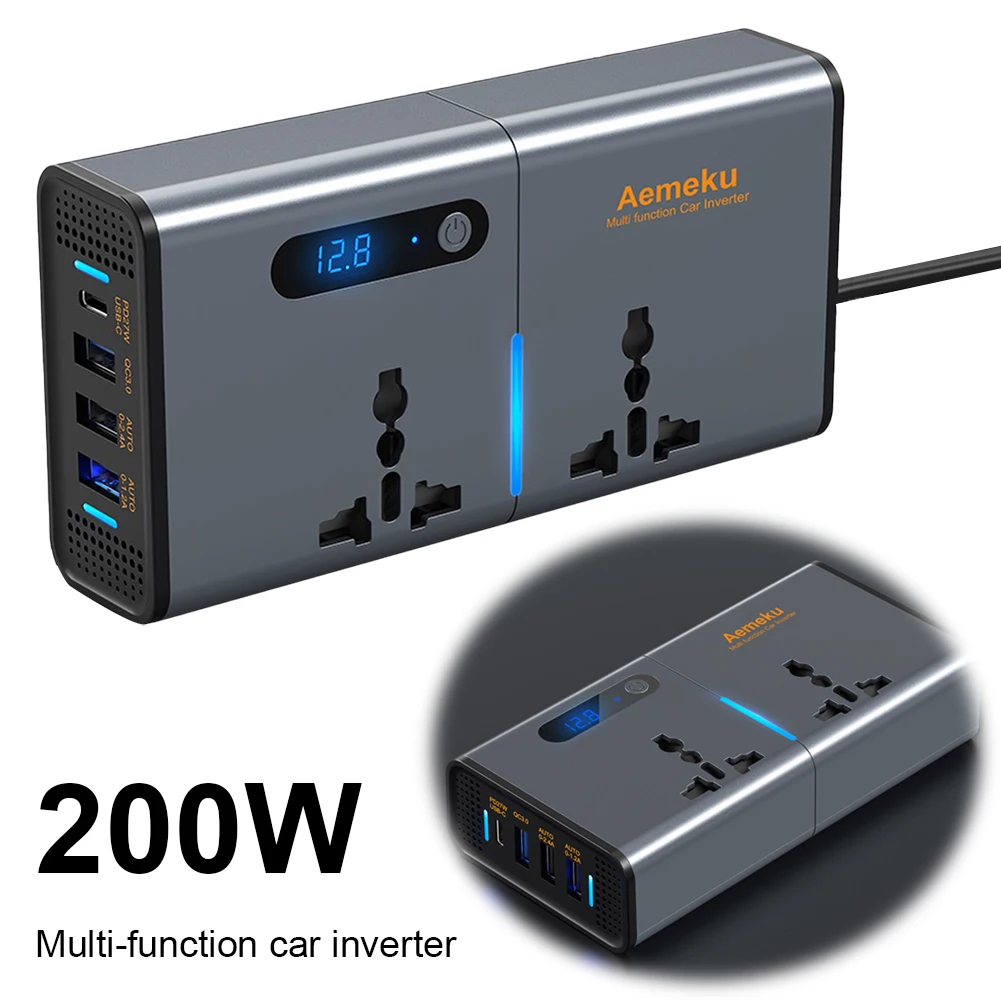 12V/24V To AC 220V Auto Power Inversor Type-C USB Fast Charging Multi-function Socket Converter Digital Display 4 USB Port QC3.0
