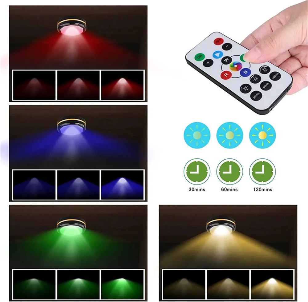 USB Rechargeable RGB Round Dimming Function LED Small Press Night Light Mini Cabinet Atmosphere Ceiling Light