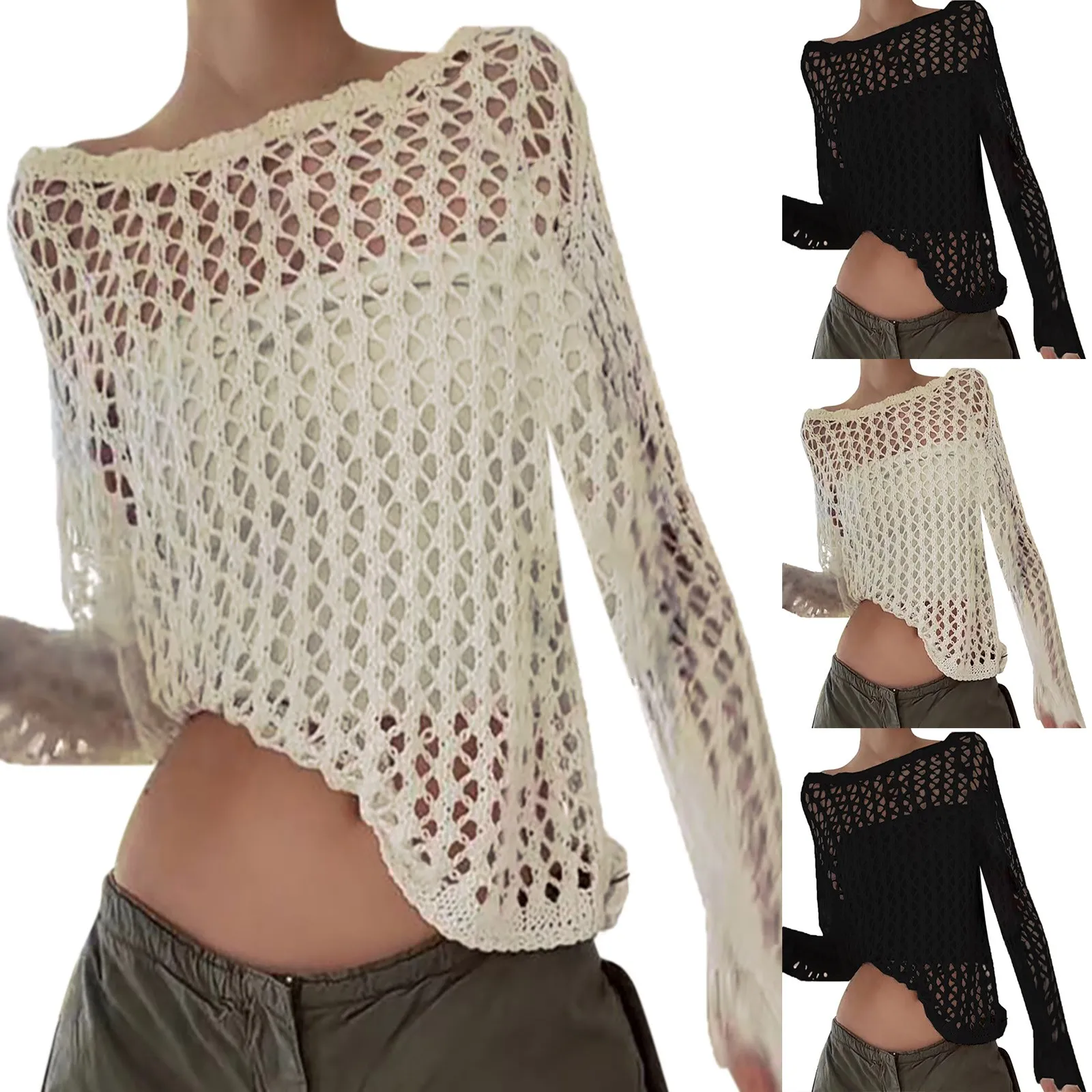 Long Sleeve Crochet Knit Top Summer Beach Bikini Cover Up Crop Pullover Wool Knitwear Blouse Women Vacation Boho Outfit