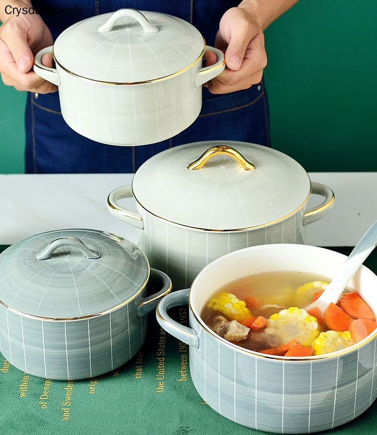 

Ceramic Cookware Soup Pot With Lid European Style Household Tureens Dessert Salad Fruit Bowl Anti-scalding Noodle Rice Pot