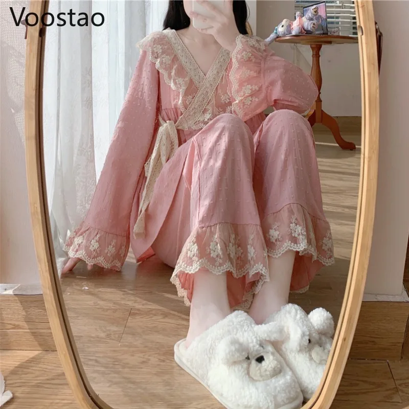 Spring Autumn Sweet Lolita Princess Pajama Set Women Vintage Palace Style Lace Ruffles Lounge Home Wear Girly Casual Sleepwear