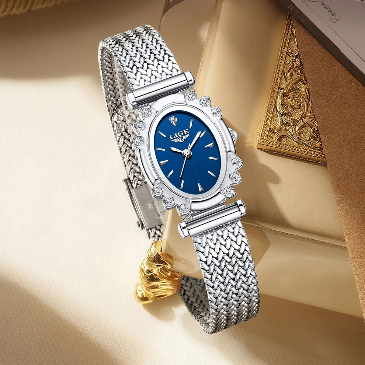 LIGE Women's Watches Luxury Brand Oval Quartz Watch Gifts For Women Vintage Elegant Waterproof Golden Wheat Bracelet Wristwatch
