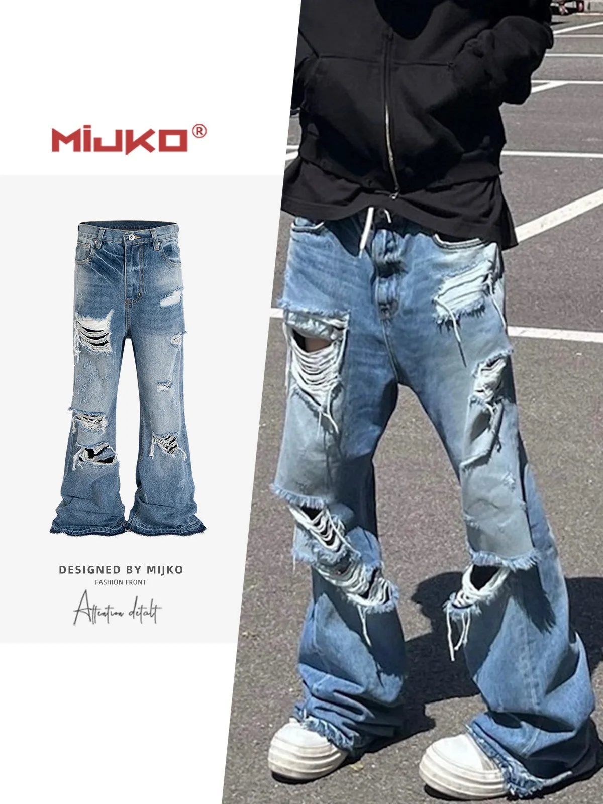 

MIJKO Unisex Wide Leg Flared Jeans Torn Hole Cut with Cat Whisker Fringe Blue for Men And Women ZJ014