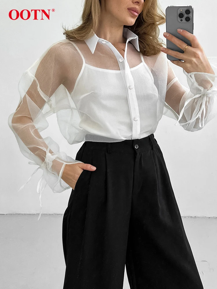 OOTN Fashion White Mesh Shirts Blouses Women Elegant Long Sleeve Lace-Up Loose Shirts Summer Black Transparent Sexy Blouses 2024