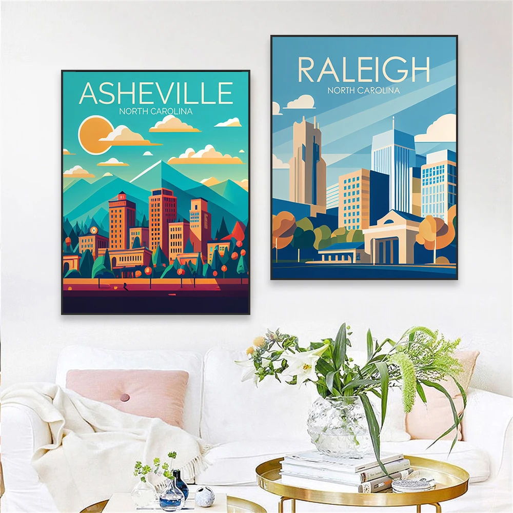 Retro Art Landscape Poster Raleigh North Carolina Prints Vintage Minimal Design Prints Canvas Painting City Scenes Bedroom Decor