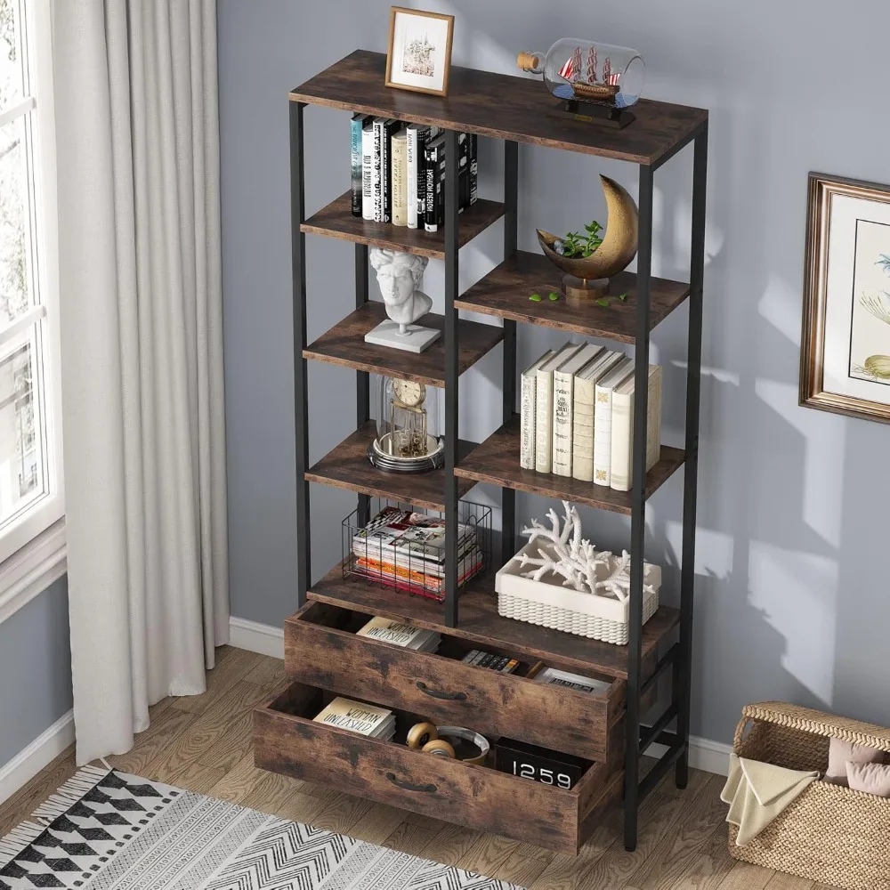 Bookshelf Bookcase Set of 2,   5-Tier Wood Etagere Bookshelves , 2 Drawer Book Shlef Display Rack (2, Brown+Black),Bookcases