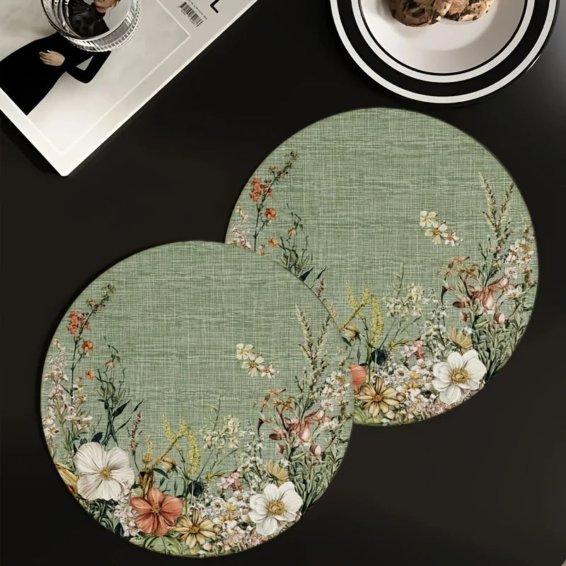 4PC/set Round Placemats Set Dusty Green Floral Pattern Machine Washable Kitchen Dining Decor Seasonal Home Tableware