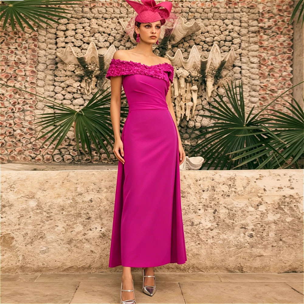 

Customized Fuchsia Off Shoulder 3D Floral Beaded Mother of Bride Dress Ruched Waist Crepe Formal Gown Elegant for Wedding Party