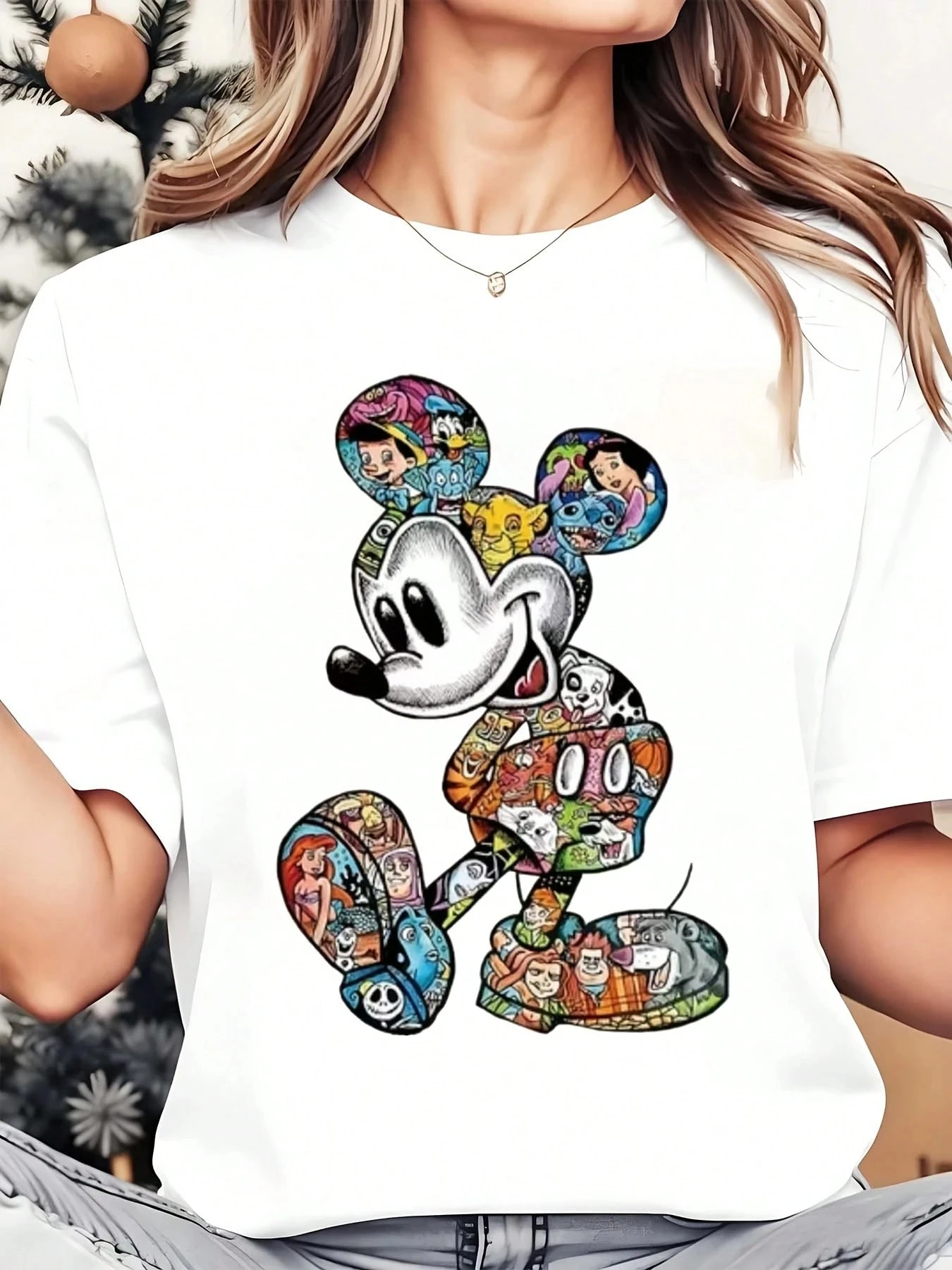 

Женская футболка с изображением Микки Мауса и коллажа, повседневная, весенне-летняя футболка с короткими рукавами, повседневная женская футболка