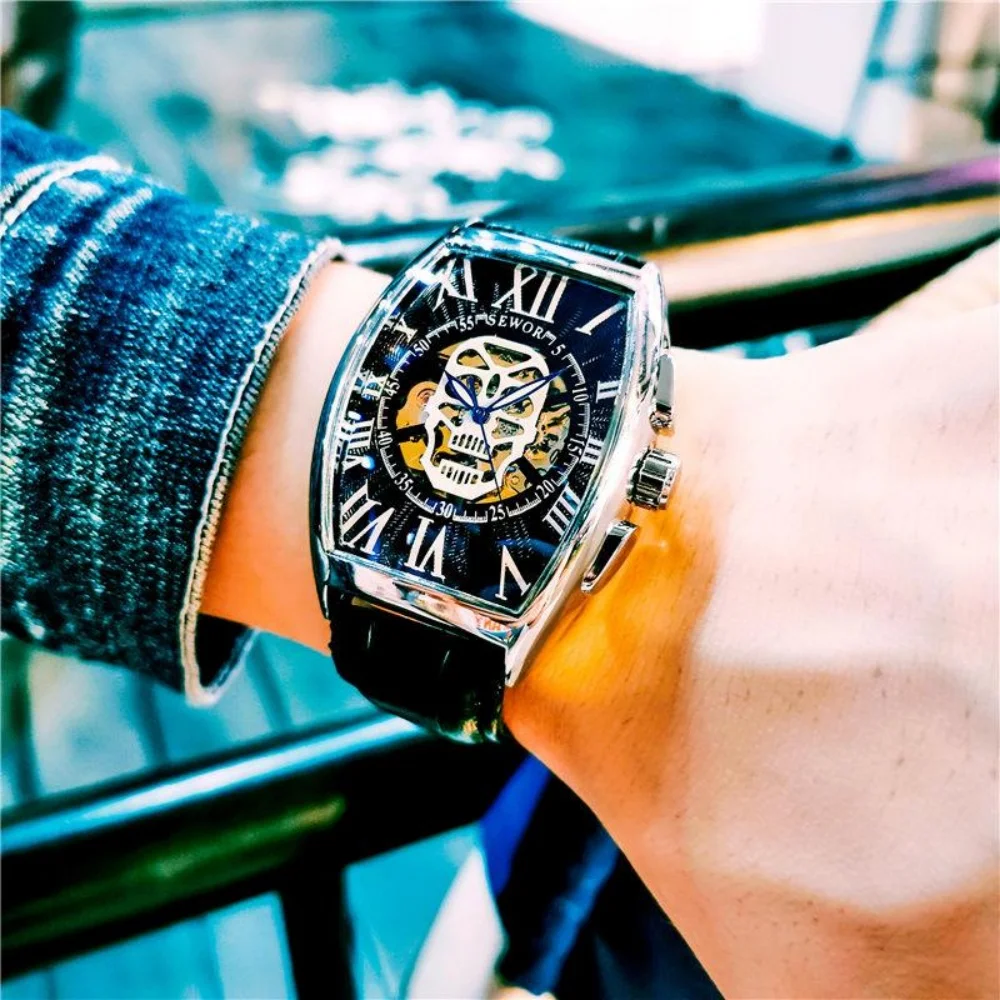 Luxury Business Men's Mechanical Watch, Automatic Winding, Skull-Shaped Barrel Dial, Skeleton Design, Leather Strap, European and American Style, High-End, Light Luxury, Fashionable, Casual, Simple, Unique, Street-Style, Cool, Social, Trendy Men's Watch