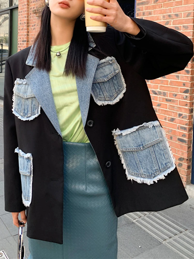 Women Blue Black Contrast Color Patchwork Denim Jackets Notched Collar Blazers Coat Long Sleeve OL Suits Jacket Cardigan Outwear