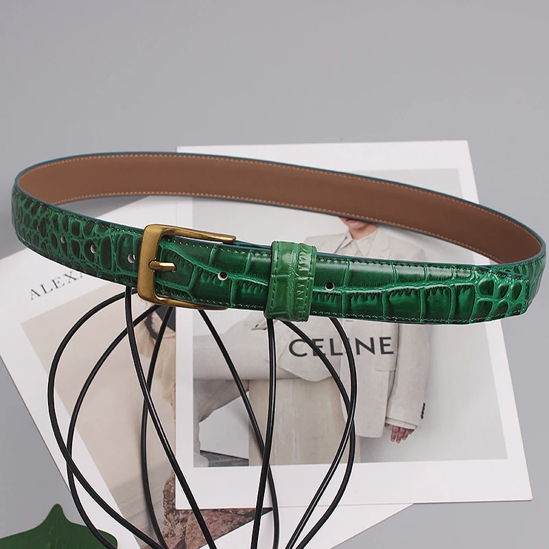 Women's Retro Simple Crocodile Pattern Leather Green Belts Female Belt Fashionable For Women Dress Decoration Waistband
