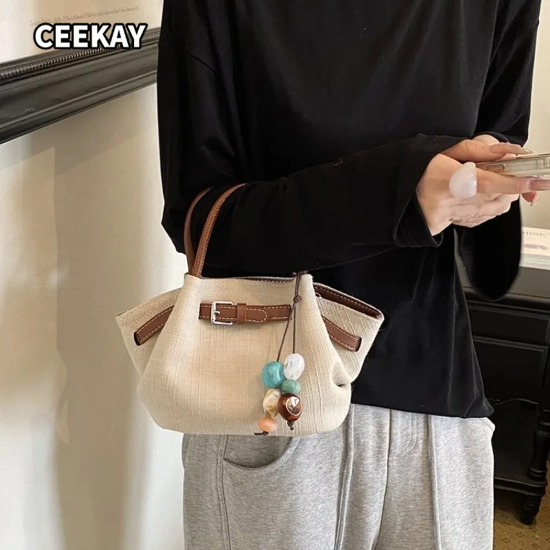 CEEKAY Casual Canvas Mini Tote Bag with Top Handle and Decorative Bead  Trendy Buckled Purse for Girls Weekend Travel Shopping