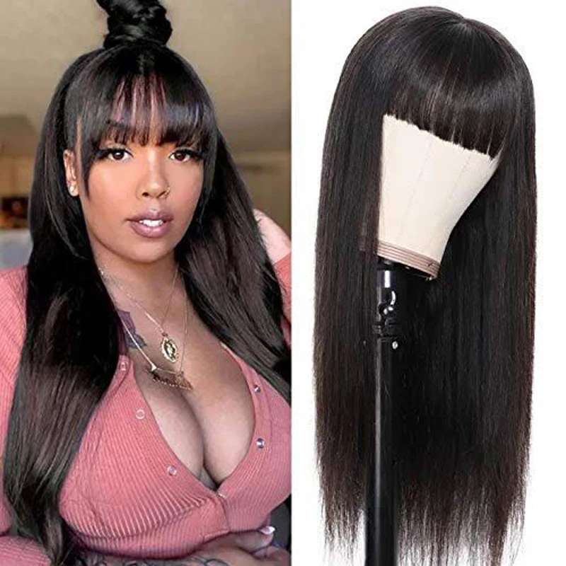

Women's European and American long straight hair with bangs, black, stylish, face-slimming synthetic fiber wig