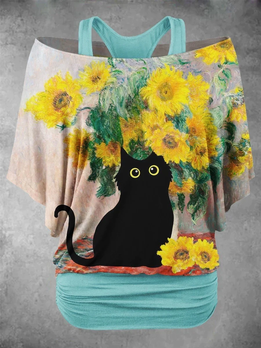 PLstar Cosmos Women's Cute Cat Flower Art Design 3D Printed Fake two piece off shoulder top Summer Casual T-Shirts JLJ-12