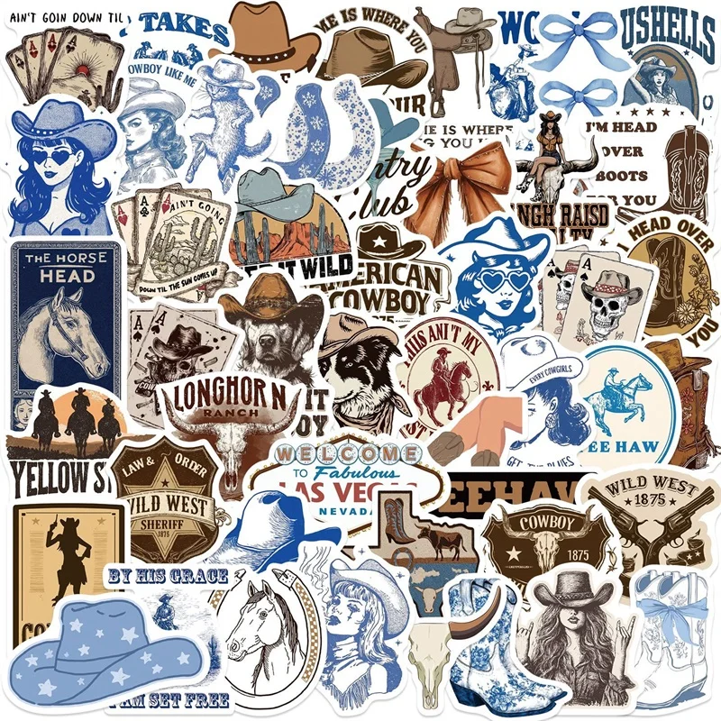 

10/30/50PCS Kawaii Blue Brown Cowboy Sticky PVC Sticker Aesthetic DIY Decoration Scrapbooking Hand Accounting Supplies for Kids