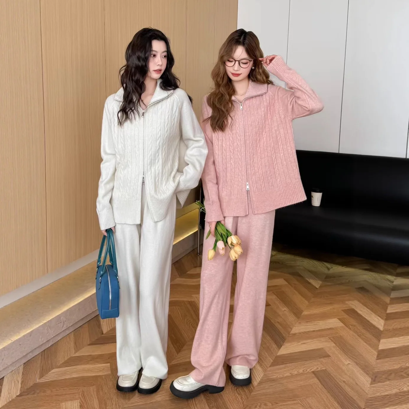 투피스 여성 니트 팬츠 세트 매칭 세트 캐주얼 지퍼 턴다운 칼라 스웨터 Y2K 와이드 레그 팬츠 루즈핏 2025 가을