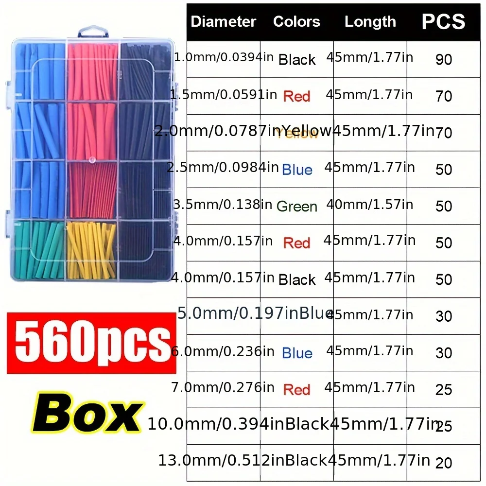 164/560PCS Cable Shrink Tube Kit Heat Assorted Pack Thermoretractile Insulation Sleeving Cable Wire Shrink Wrapping for DIY