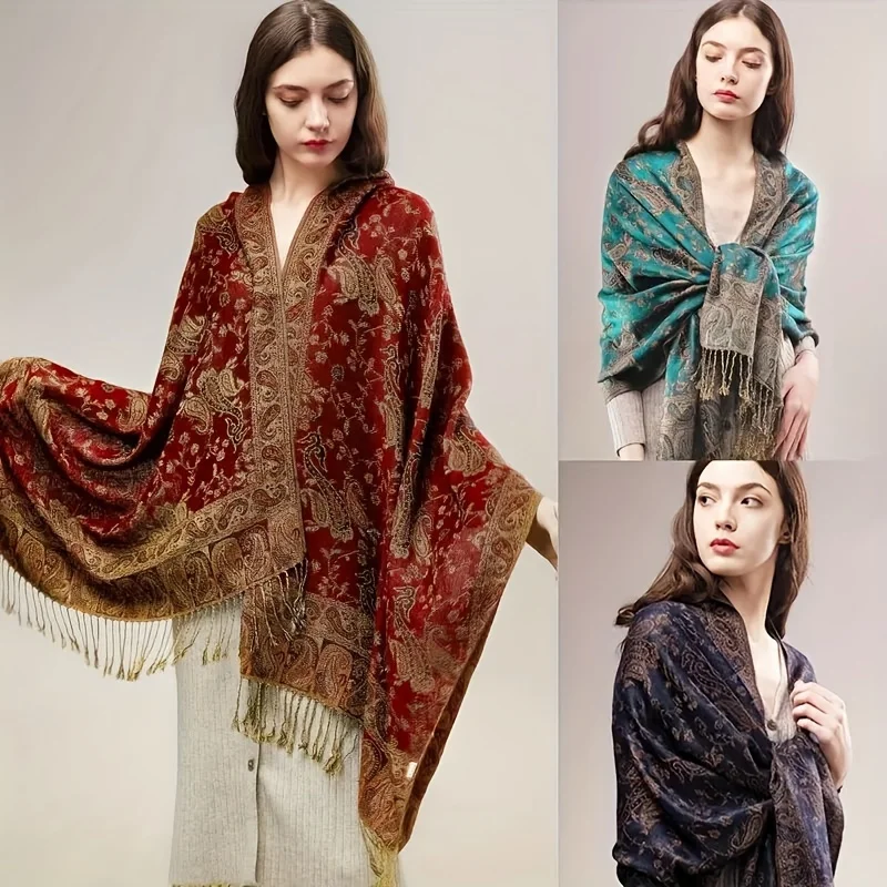 Classic Boho Paisley Jacquard Shawl Vintage Thin Soft Cozy Scarf Elegant Style Breathable Blanket Scarf With Tassel For Women