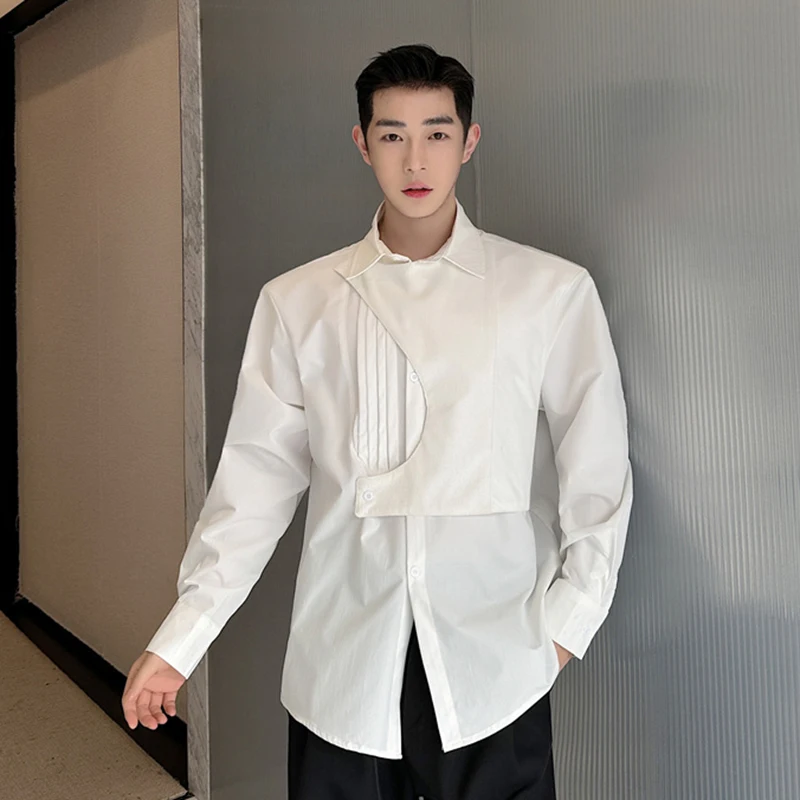 IEFB Korean Shirt Long Sleeve Male Shirts 2024 Summer Men\'s Lapel Single Breasted Solid Color Men Clothing Fold Spliced 9C5544