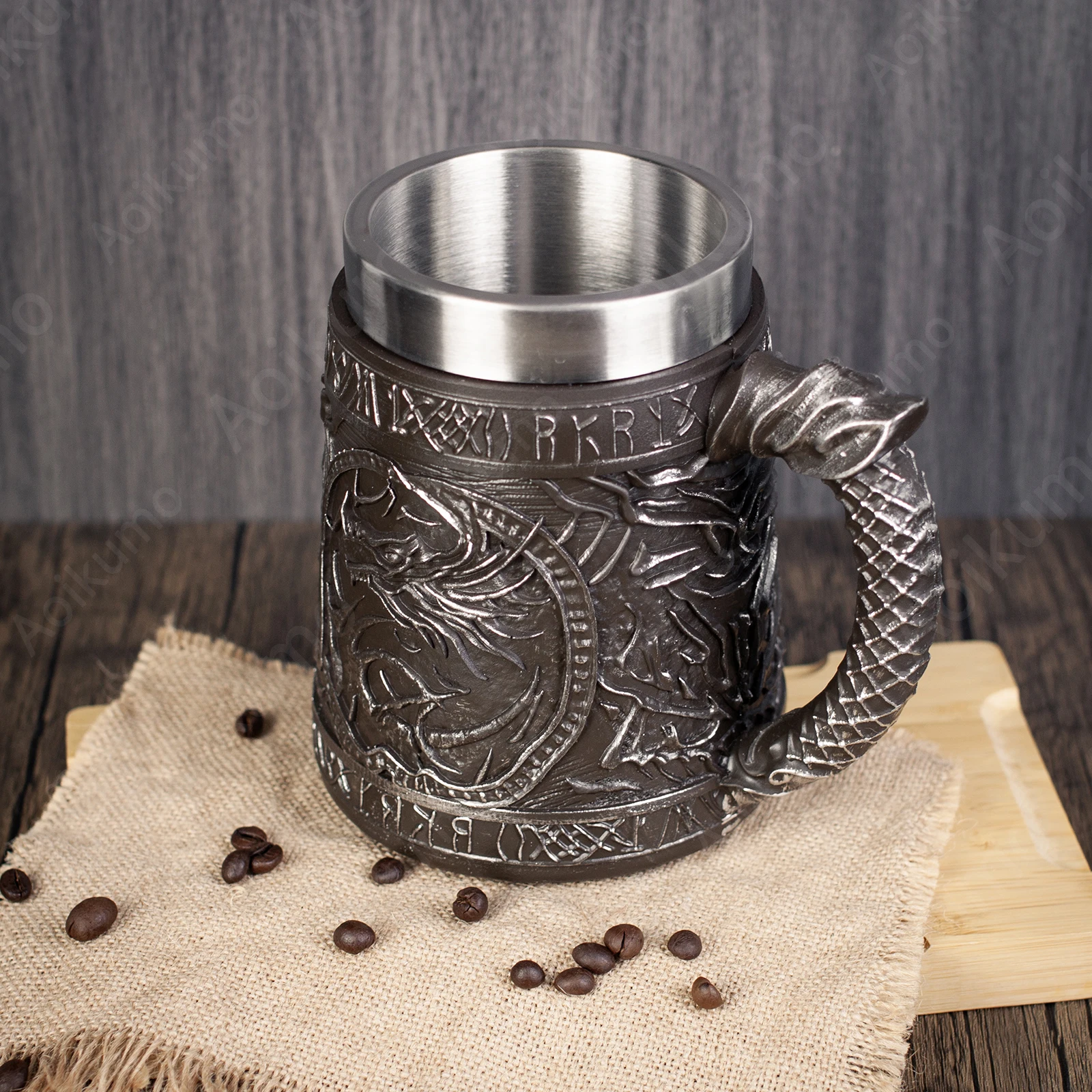 Dragon Shape Rune Tankard Medieval Vintage Resin Beer Stein 304 SS Goblet Coffee Mug Handmade Creative Home Decor Capacity 600ml