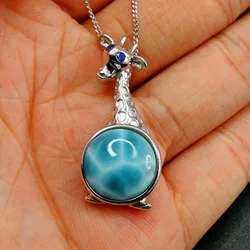 925 Sterling Silver Natural Larimar Pendant Necklace Blue Gemstone Cute Giraffe Pendants Women Fine Jewelry Gift