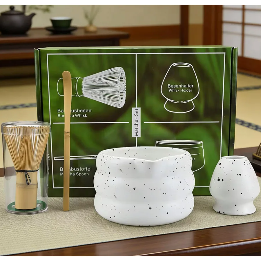 4-teiliges Matcha-Set: Matcha-Schale mit Mundstück, Teebesen und Ständer im Stil der Song-Dynastie