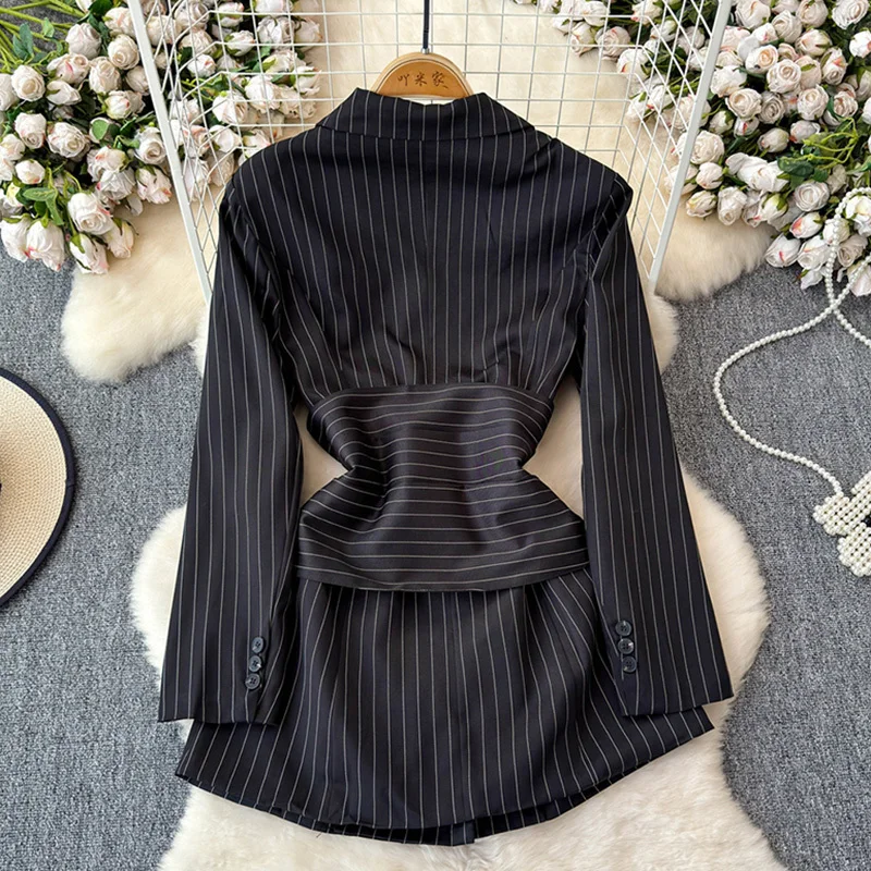 EWQ Fashion Striped Blazer Women Notched Gathered Waist Double Breasted Long Sleeved Tops Clothing 2024 Summer New 27X384