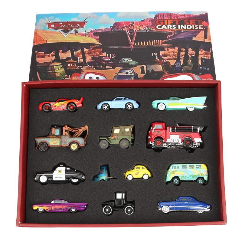 13 Teile/schachtel Disney Pixar Cars 1 Geschenkbox Metalldruckguss Mater blitz McQueen Sally Feuerwehrauto Rotes Auto Modell Junge Auto Spielzeug