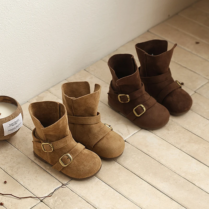 Kids Mid Calf Boots Soft Sole Non Slip Children Fashion Leather Boots Girls Retro Cowboy Boots 2026 Autumn Winter