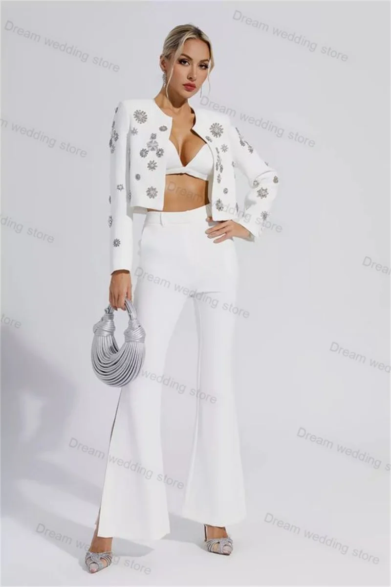 Elegant Crystal Women Suit Pants Set 2 Piece Blazer+Trousers Formal Office Lady Jacket Coat Guest Wedding Tuxedos Tailored Made