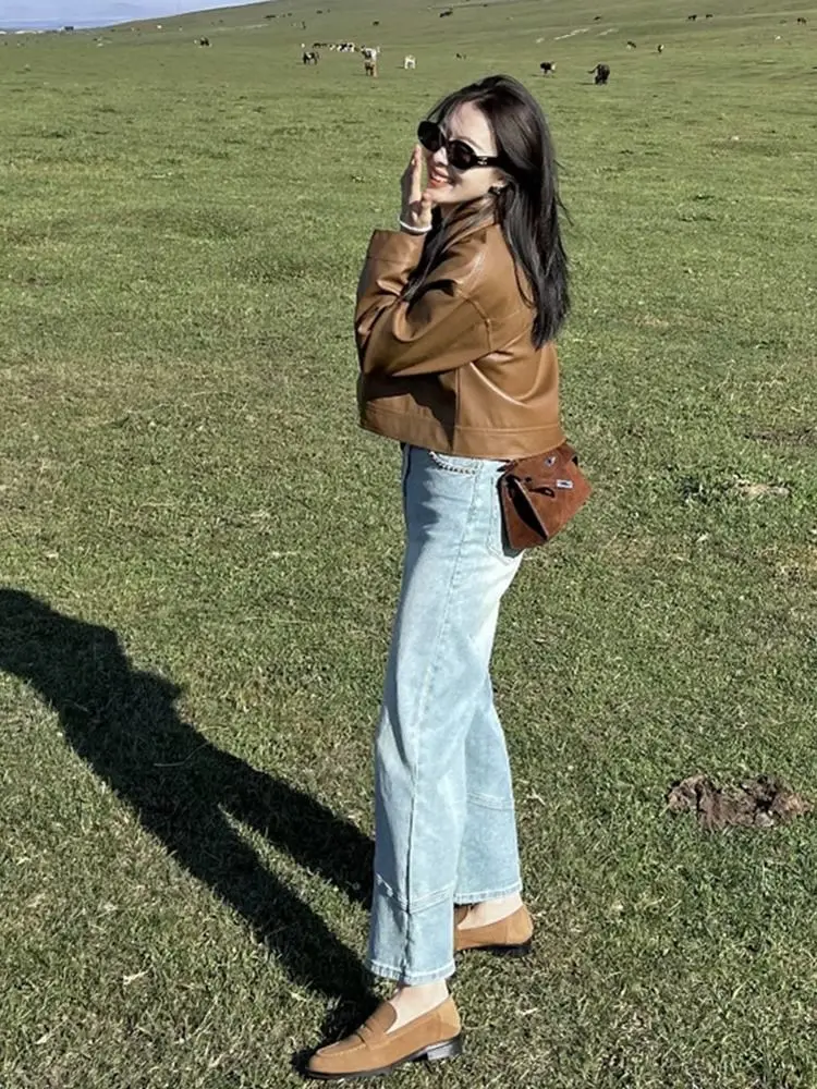 Marrom curto gola polo jaqueta de couro feminino retro moda motocicleta jaqueta de couro feminino 2025 outono japonês coreano casaco novo