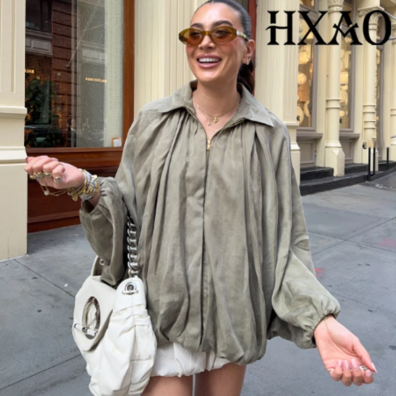 

HXAO женская куртка-бомбер со складками, куртки большого размера, женская пышная укороченная летняя куртка, верхняя одежда, зеленая куртка с длинными рукавами на молнии