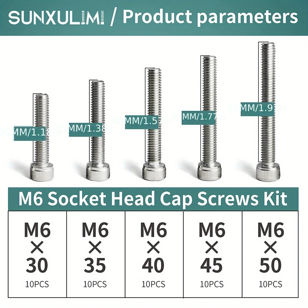 50pcs 304 Stainless Steel Cup Head Hex Socket Screws Cylindrical Head Bolts M6 Fastener Hex Socket Screws Bolts DIN912 Hardware