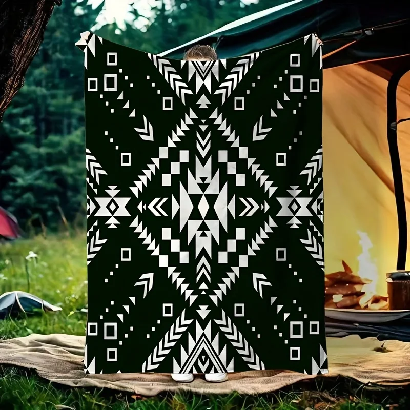 

1pc Cozy Black & White Diamond Pattern Camping Blanket - Soft Flannel Throw for Bed, Sofa, Office & Travel, Tear-Resistant, All-