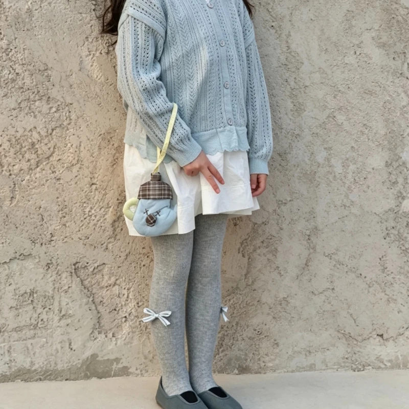 Lovely Sweet Girls High Elastic Tights Classic Solid Vertical Stripe Texture Adorned With Dragonfly Bow Airy Knit Chic Pantyhose